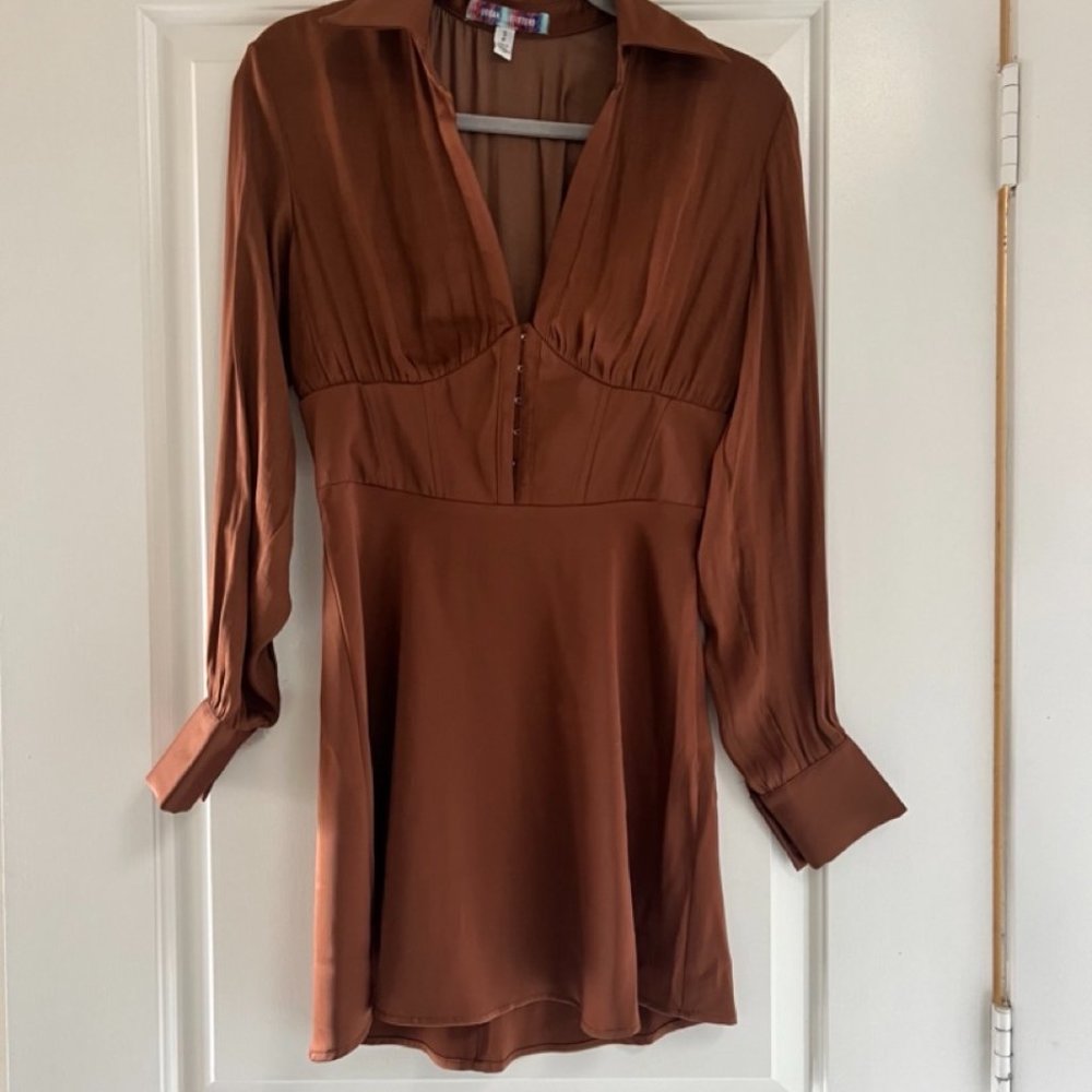 Urban Outfitters Brown Long Sleeve Collared Corset Dress